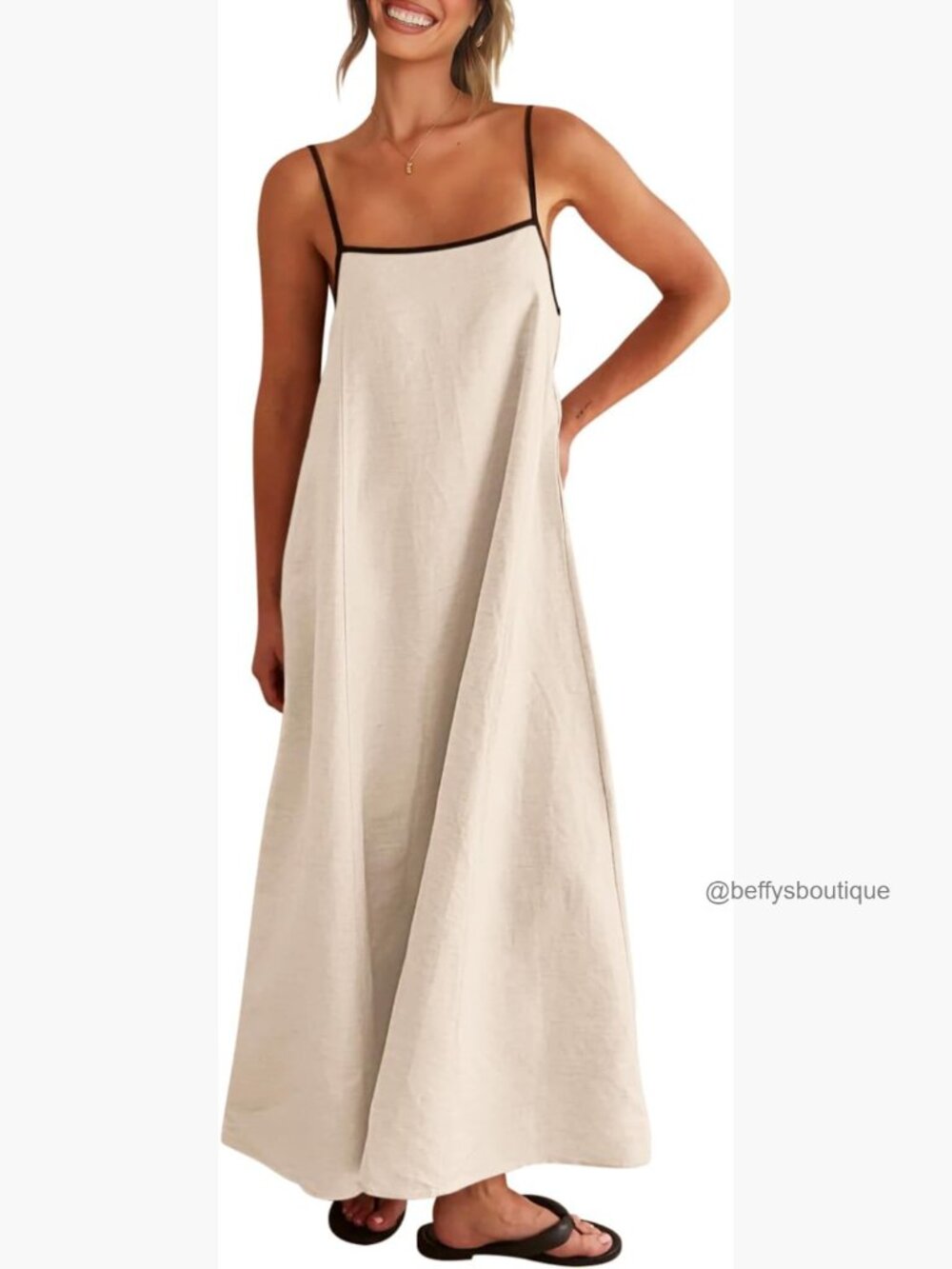 Linen Maxi Dress with Contrast Trim Spaghetti Strap Backless Casual Beach - Picture 1 of 7